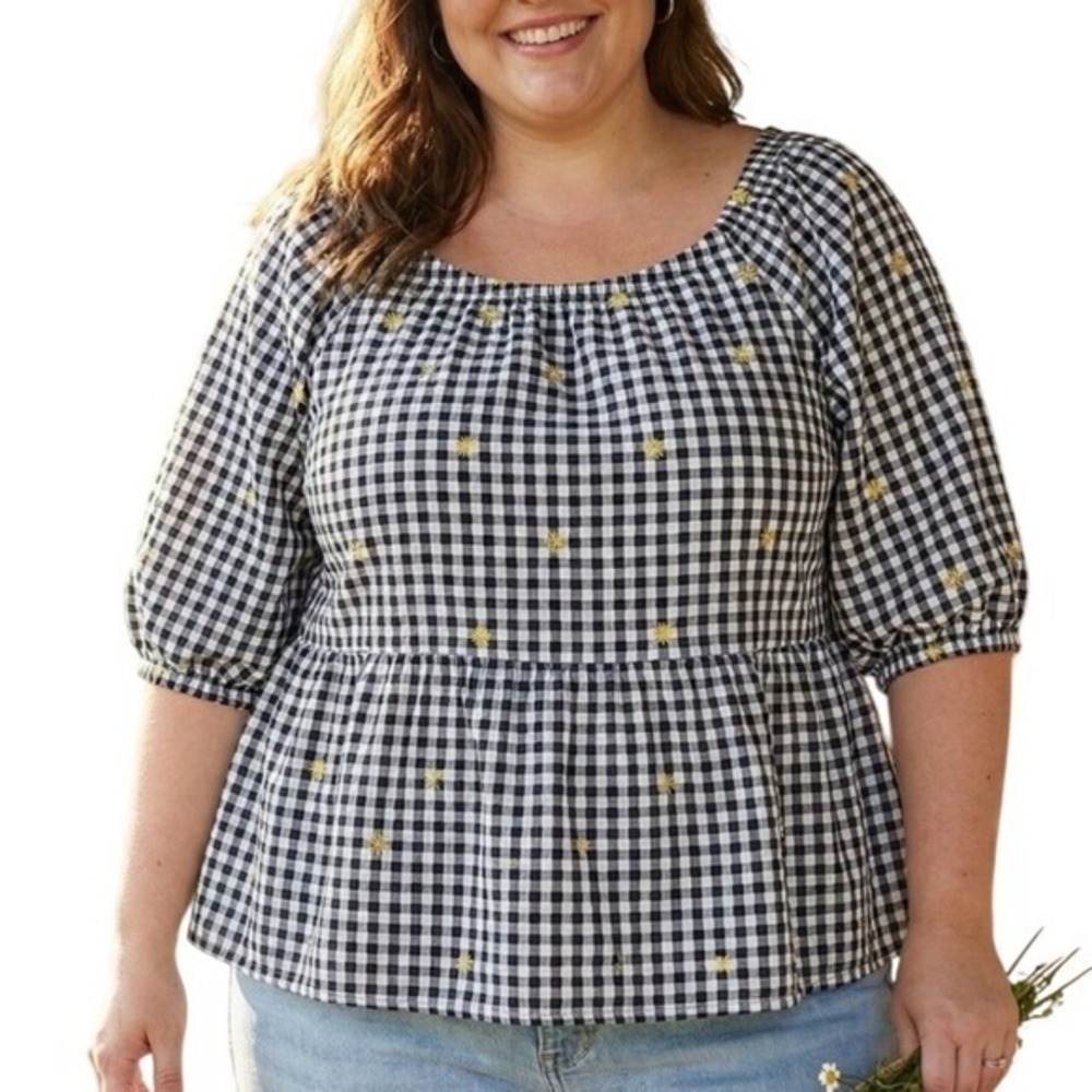 Old Navy Cottagecore Peplum Top‎ Puff Sleeve 3X Black Gingham Daisy Embroidered